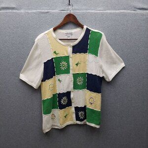 Alfred Dunner Womens Knit Cardigan Patchwork Design Floral & Leaf Motif Short Sl